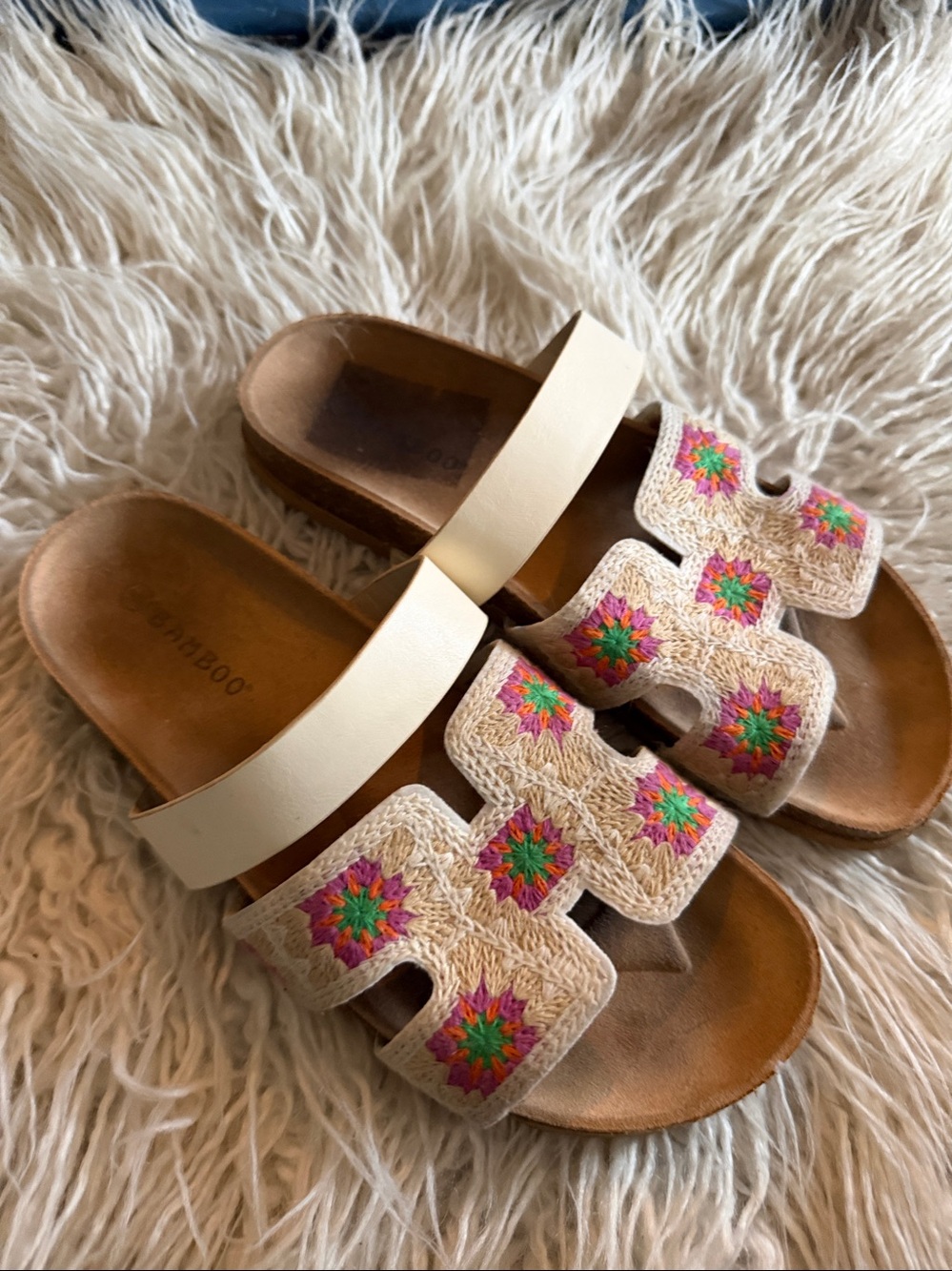 BAMBOO Beige Slide Sandals with Multicolor Embroidered Accents